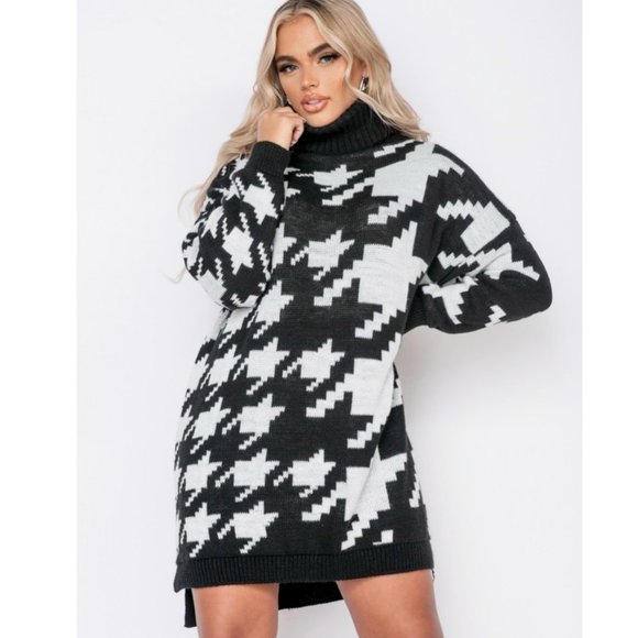 Sweaters - Black Knitted Houndstooth Long Sleeve Turtleneck Oversized Mini Sweater Dress